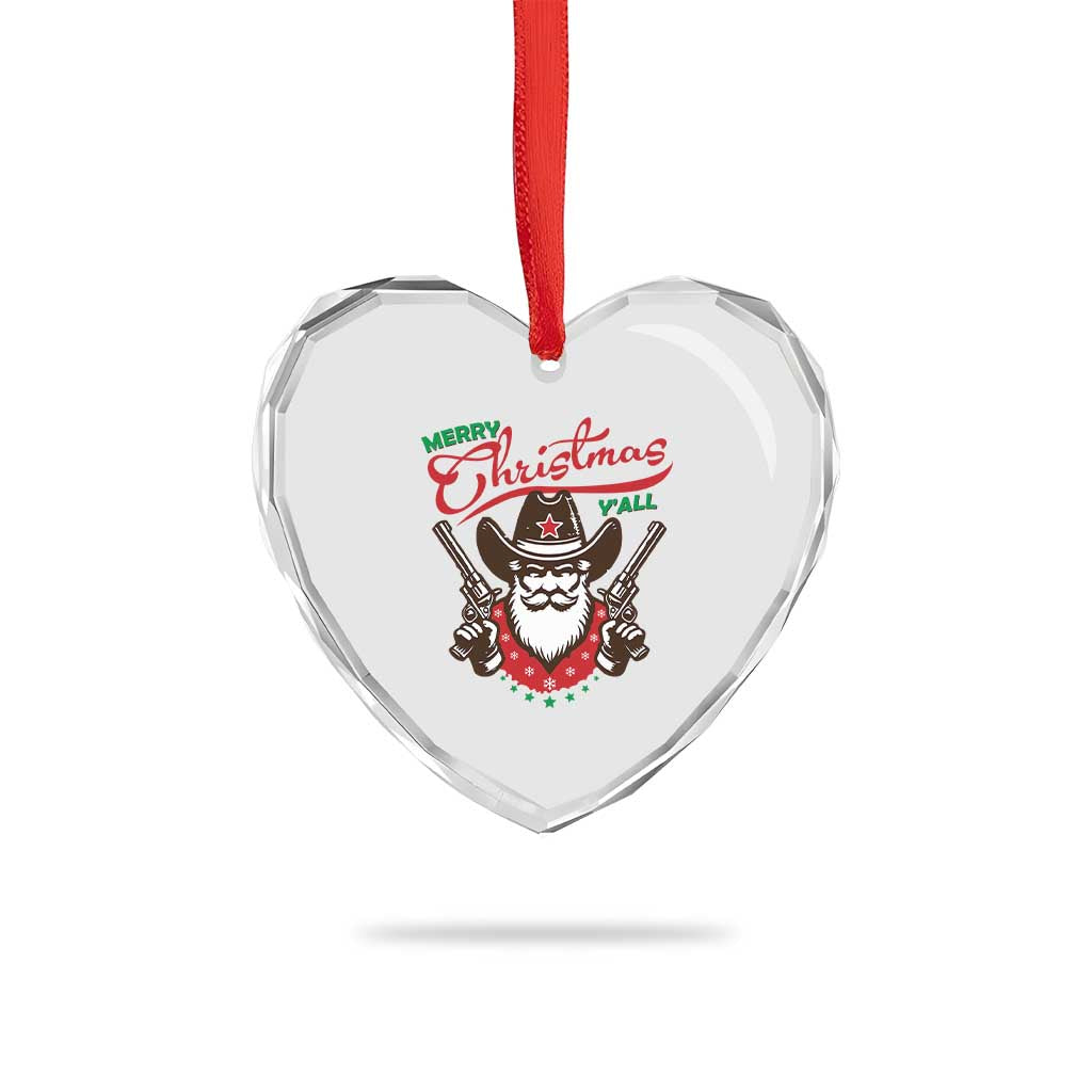 Merry Xmas Y'All Texas Cowboy Santa Heart Crystal Glass Ornament - Wonder Print Shop