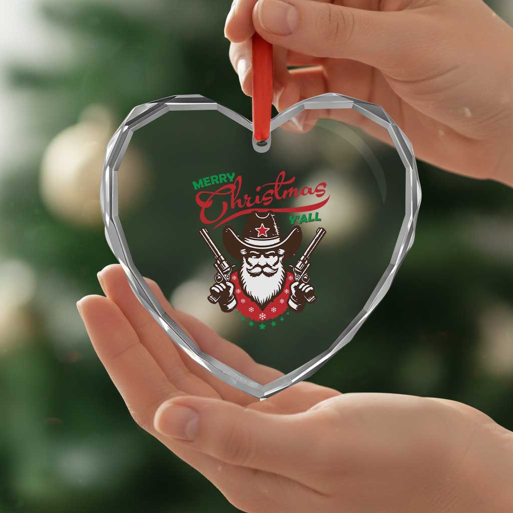 Merry Xmas Y'All Texas Cowboy Santa Heart Crystal Glass Ornament - Wonder Print Shop