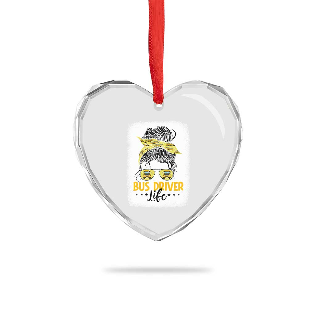 Messy Bun School Bus Driver Life Heart Crystal Glass Ornament - Wonder Print Shop