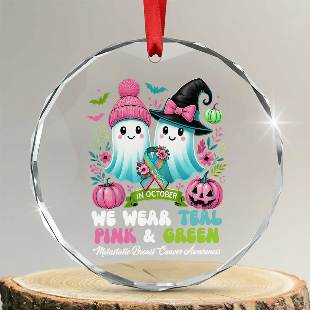 Metastatic Breast Cancer Awareness Ghost Crystal Glass Ornament Halloween Green Teal Pink Ribbon - Wonder Print Shop