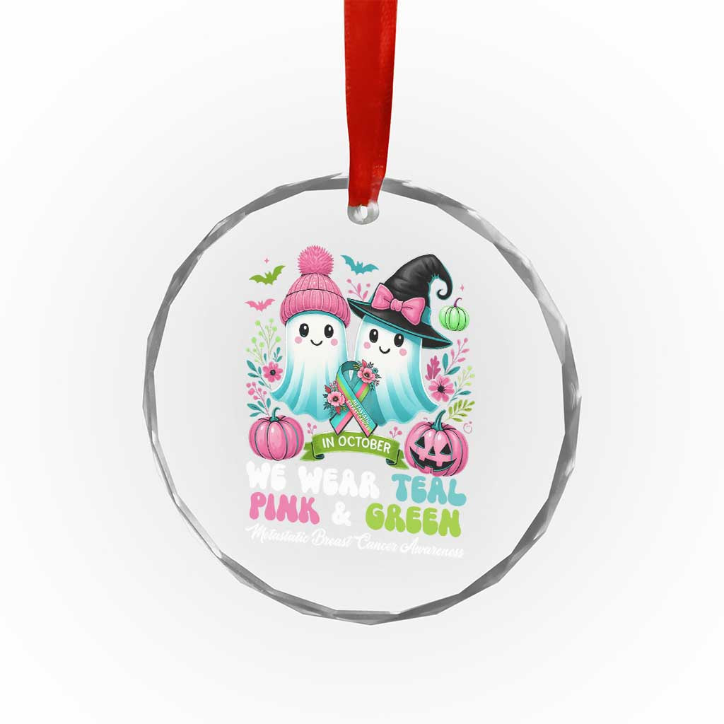Metastatic Breast Cancer Awareness Ghost Crystal Glass Ornament Halloween Green Teal Pink Ribbon - Wonder Print Shop