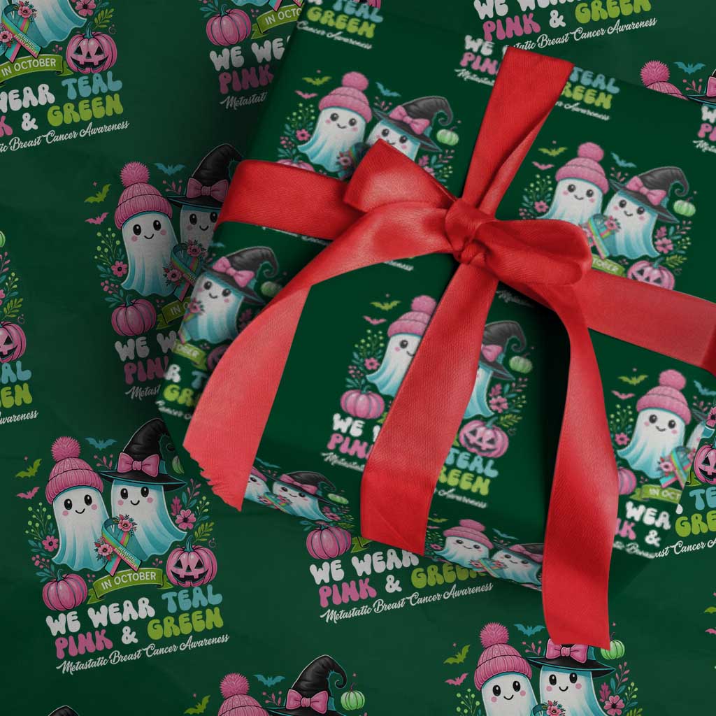Metastatic Breast Cancer Awareness Ghost Wrapping Paper Roll Halloween Green Teal Pink Ribbon - Wonder Print Shop