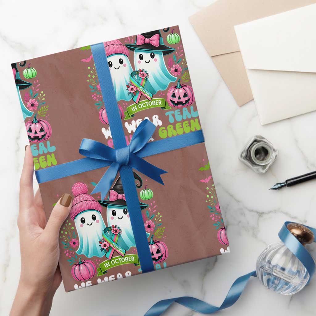 Metastatic Breast Cancer Awareness Ghost Wrapping Paper Roll Halloween Green Teal Pink Ribbon - Wonder Print Shop
