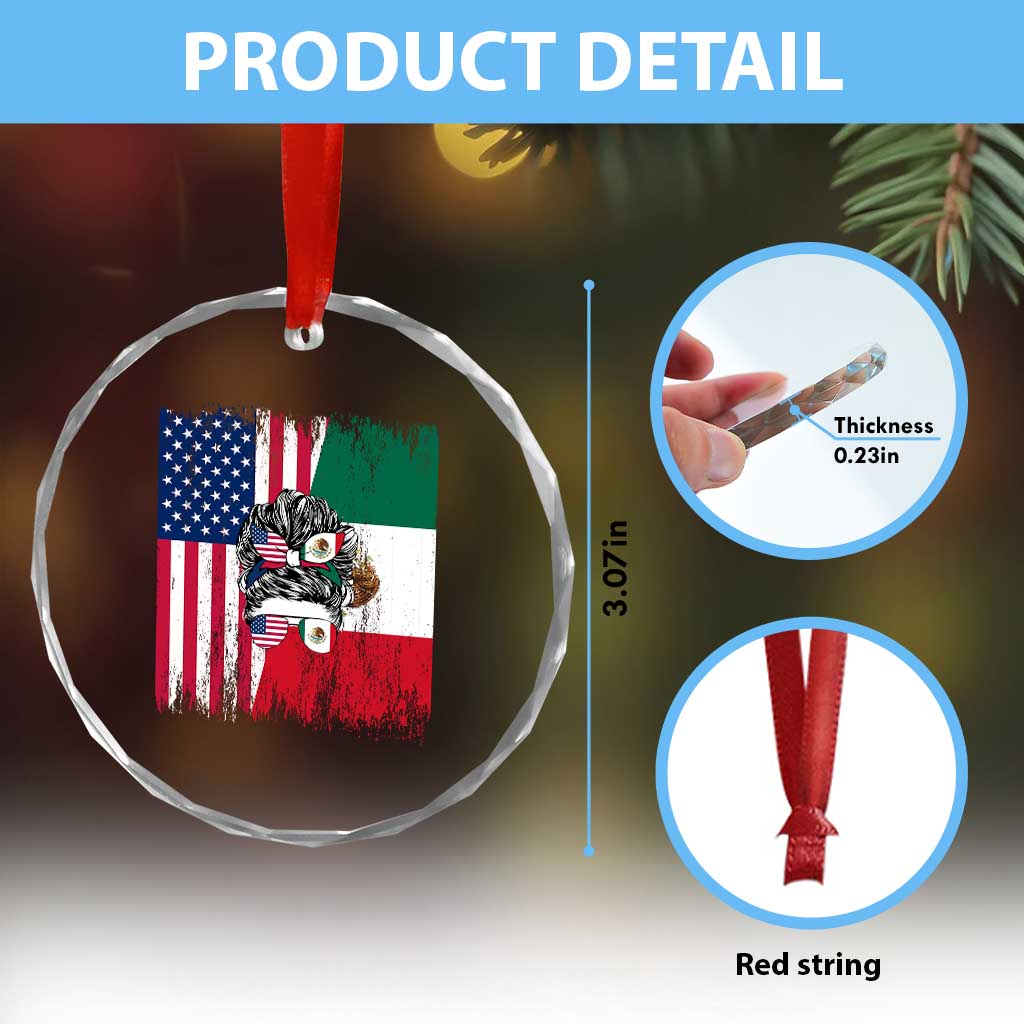 Mexican American Pride Crystal Glass Ornament Bicultural Heritage Girl Vintage Flag