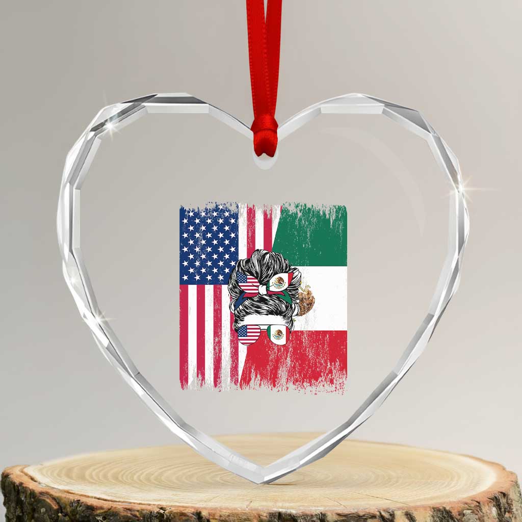 Mexican American Pride Heart Crystal Glass Ornament Bicultural Heritage Girl Vintage Flag