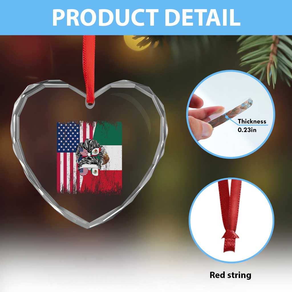 Mexican American Pride Heart Crystal Glass Ornament Bicultural Heritage Girl Vintage Flag