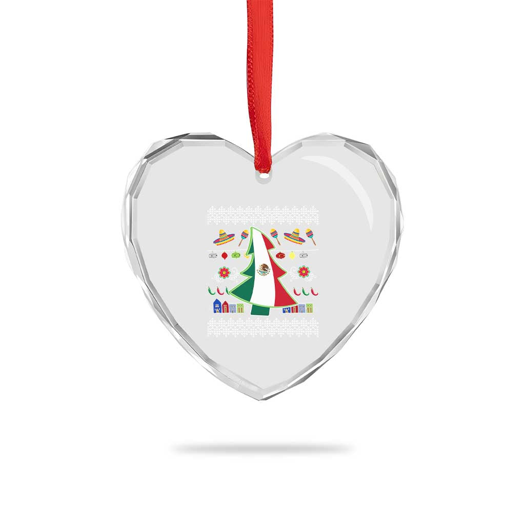 Mexican Xmas Heart Crystal Glass Ornament Mexico Flag Xmas Tree Ugly Sweater - Wonder Print Shop