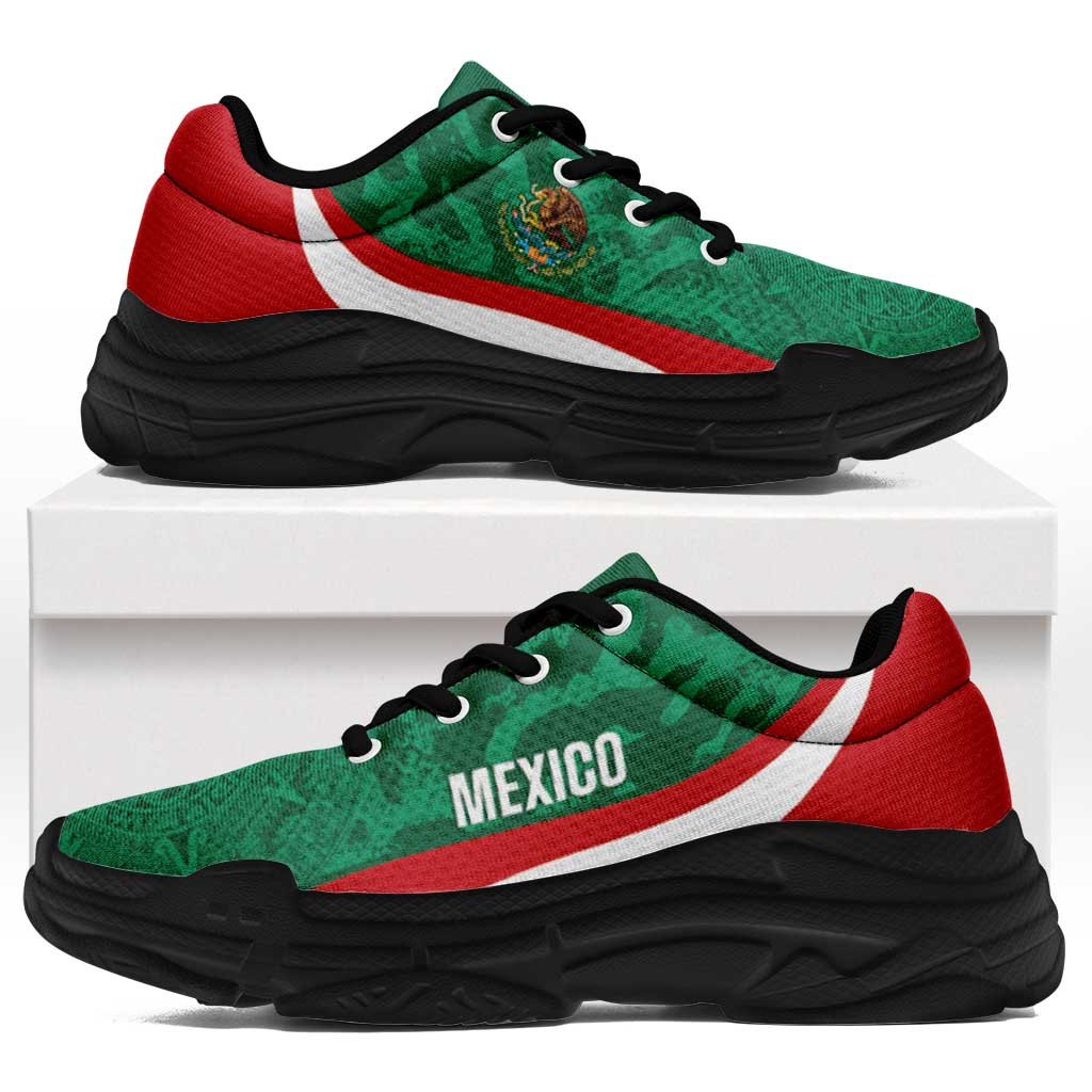 Mexico 2026 Football Chunky Sneakers El Tricolor Aztec Calendar Grunge Curve Stylized - Wonder Print Shop