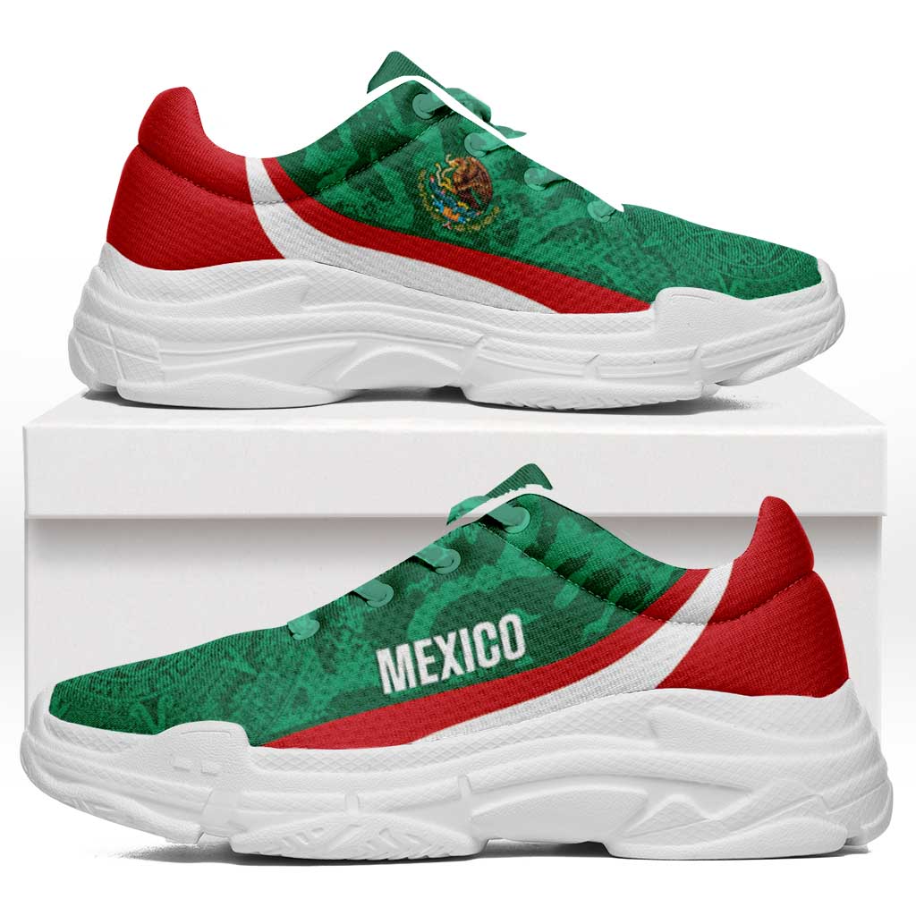 Mexico 2026 Football Chunky Sneakers El Tricolor Aztec Calendar Grunge Curve Stylized - Wonder Print Shop