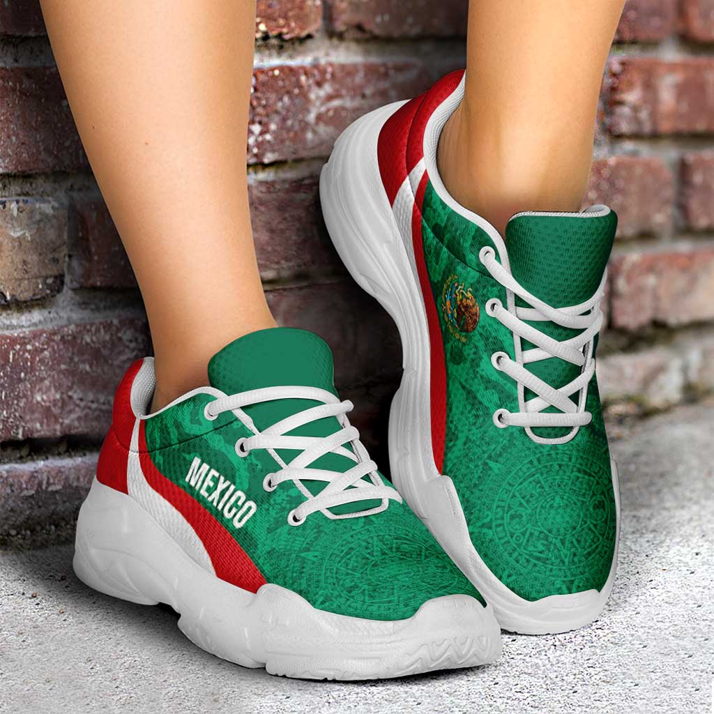 Mexico 2026 Football Chunky Sneakers El Tricolor Aztec Calendar Grunge Curve Stylized - Wonder Print Shop