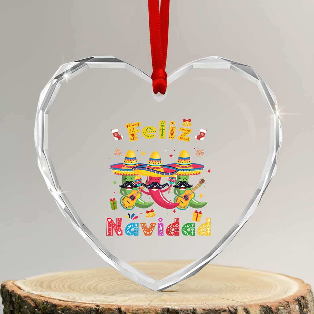 Mexico Xmas Heart Crystal Glass Ornament Feliz Navidad Mexican Fiesta Hot Pepper Guitar Party - Wonder Print Shop