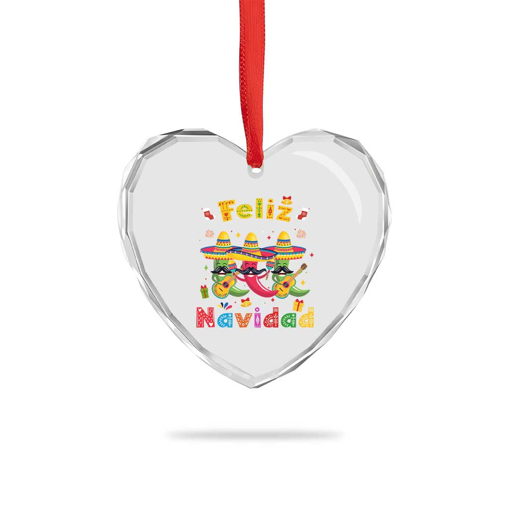 Mexico Xmas Heart Crystal Glass Ornament Feliz Navidad Mexican Fiesta Hot Pepper Guitar Party - Wonder Print Shop