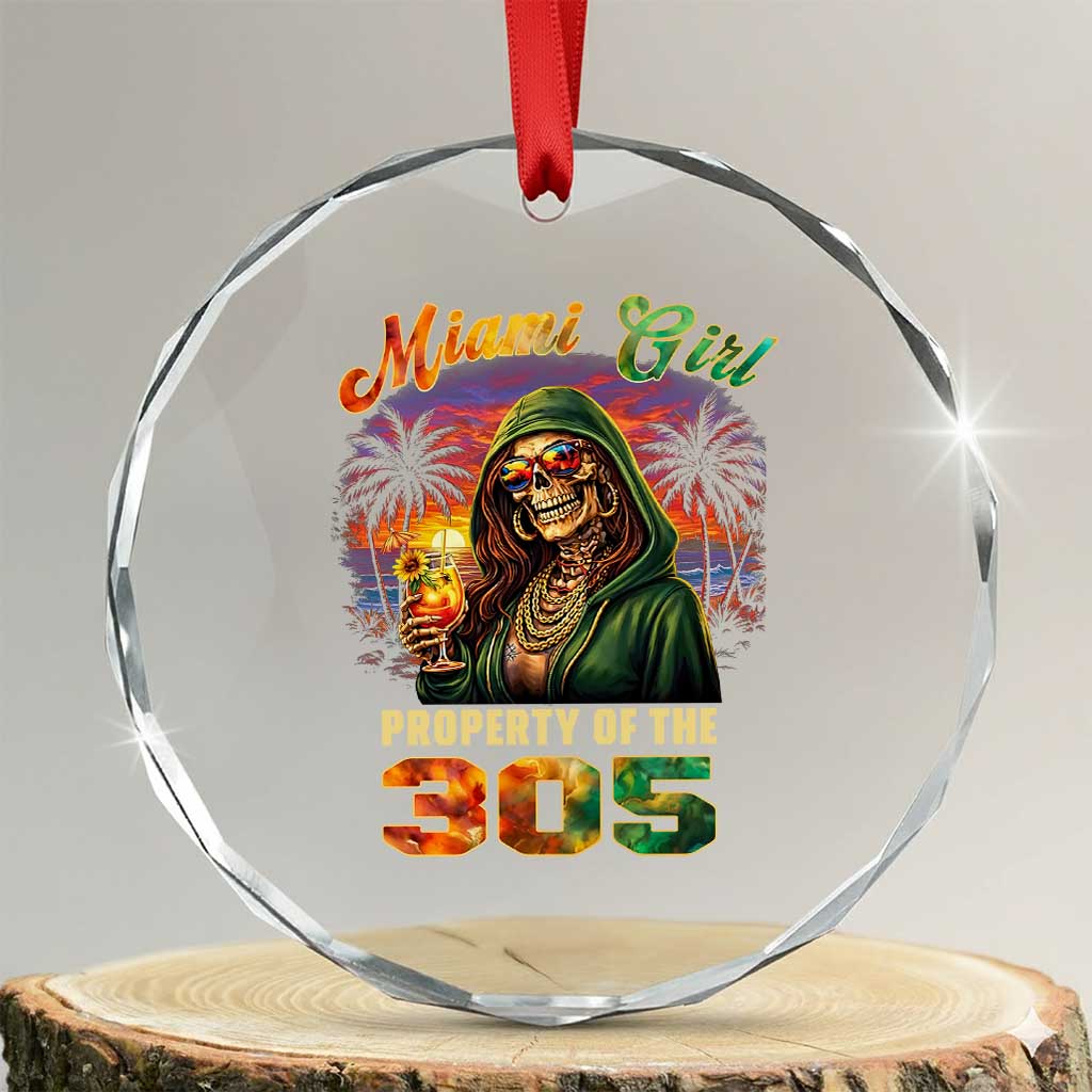 Miami Girl Skeleton Property of the 305 Crystal Glass Ornament Tropical City Florida Pride Street Style