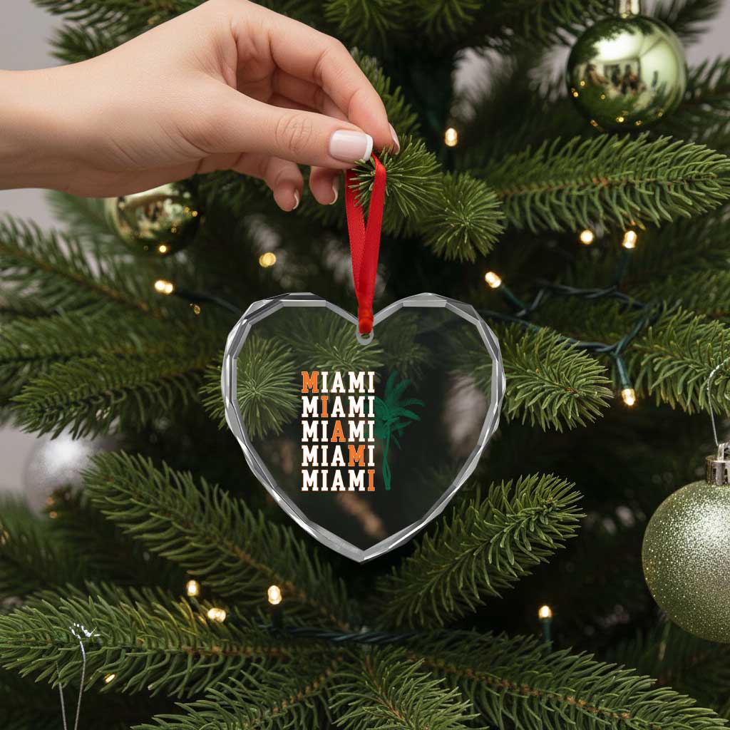 Miami Pride Palm Tree Graphic Heart Crystal Glass Ornament Orange and Green Tropical City Vibes