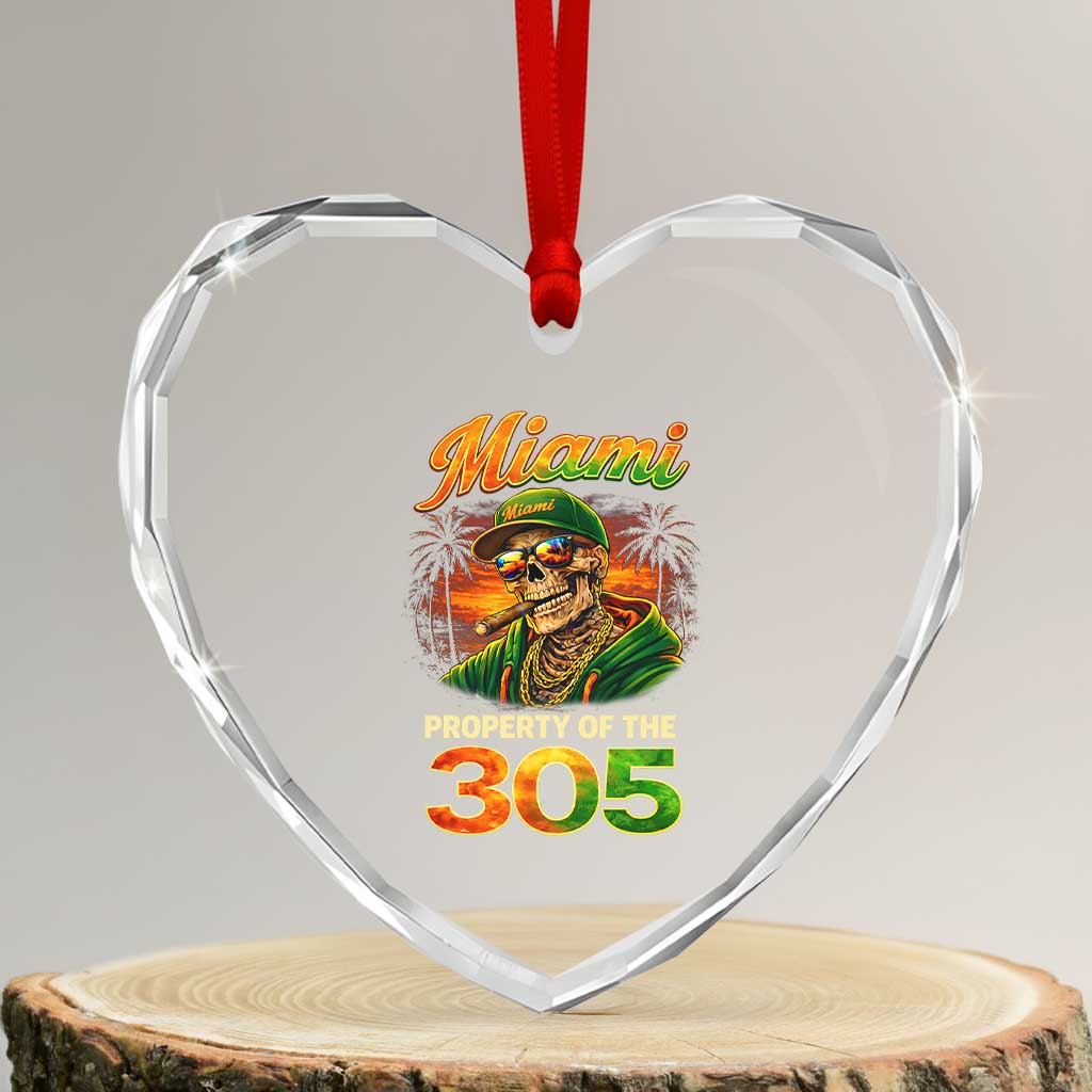 Miami Property of the 305 Skeleton Graphic Heart Crystal Glass Ornament Street King with Sunset Florida Swag
