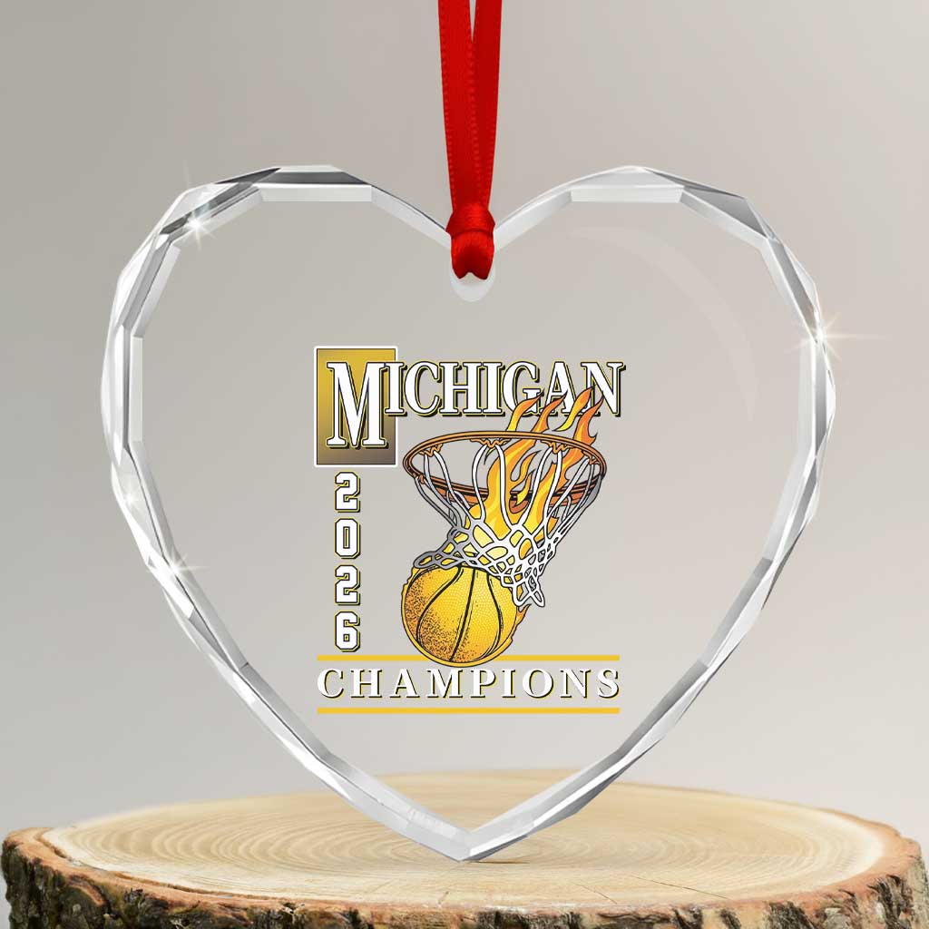 Michigan 2026 Flaming Hoop Basketball Lover Heart Crystal Glass Ornament Champions Victory Graphic Sports Fan