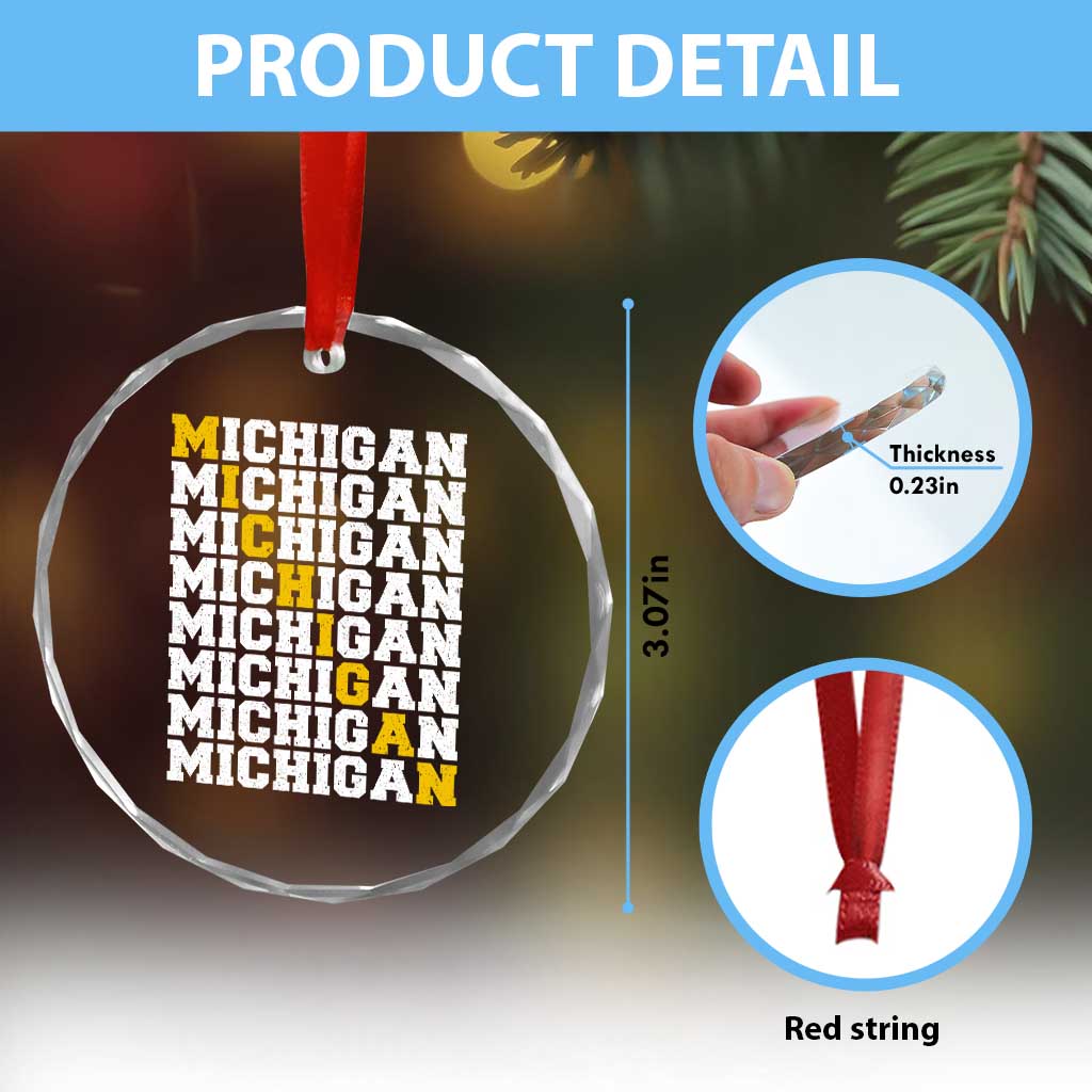 Michigan Fan Crystal Glass Ornament Yellow Bold Athletic Sport State Letters Game Day