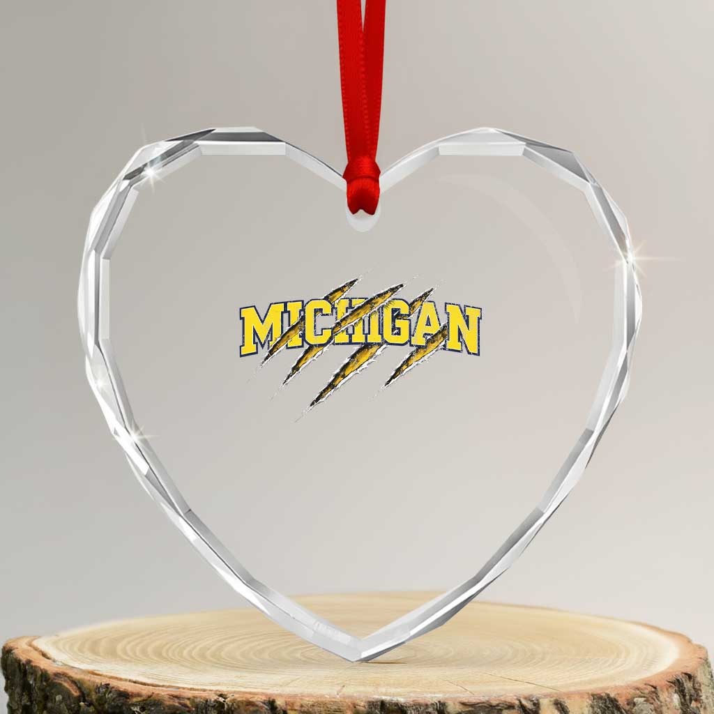 Michigan Fan Heart Crystal Glass Ornament MI State Sports Game Day Scratch Mark