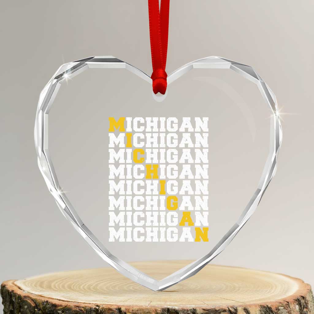 Michigan Fan Heart Crystal Glass Ornament Yellow Bold Athletic Sport State Letters Game Day