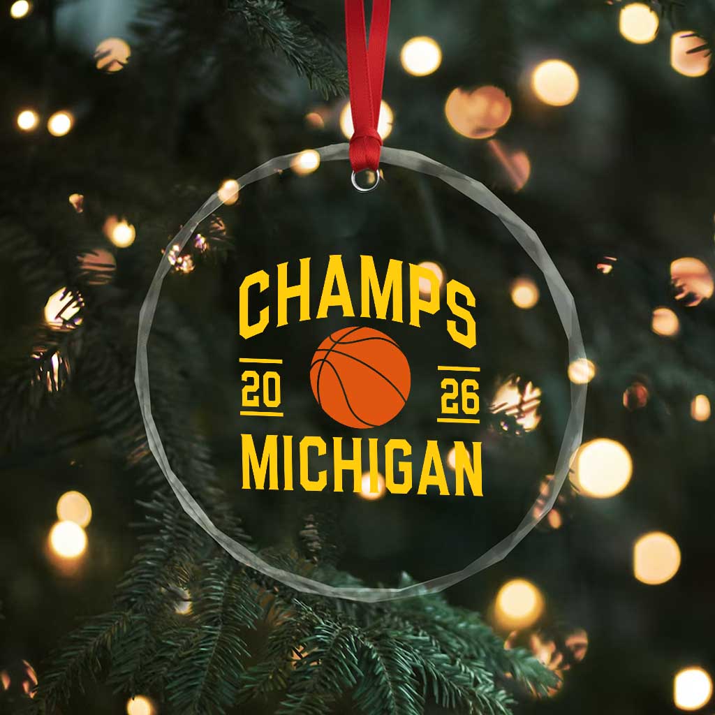 Michigan Hoops Champions Graphic Crystal Glass Ornament 2026 Basketball Victory Pride