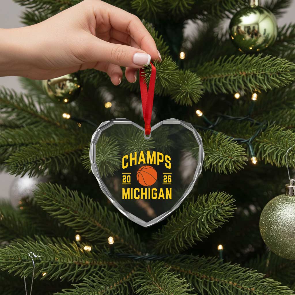 Michigan Hoops Champions Graphic Heart Crystal Glass Ornament 2026 Basketball Victory Pride