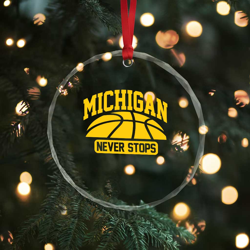 Michigan Never Stops Crystal Glass Ornament Great Lakes State Basketball Pride Gift