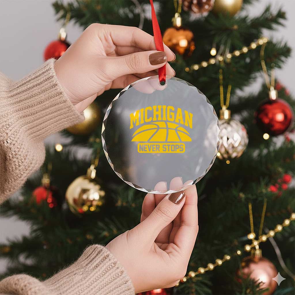 Michigan Never Stops Crystal Glass Ornament Great Lakes State Basketball Pride Gift