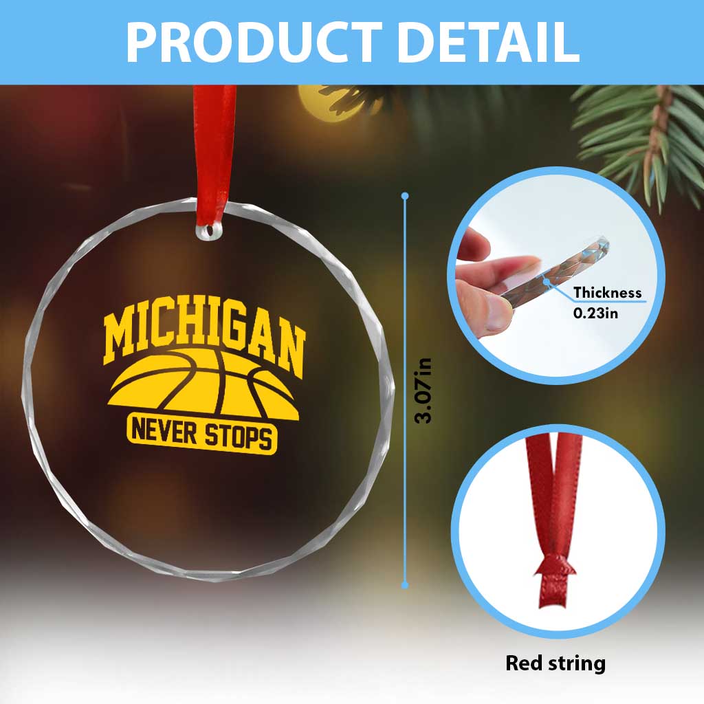 Michigan Never Stops Crystal Glass Ornament Great Lakes State Basketball Pride Gift