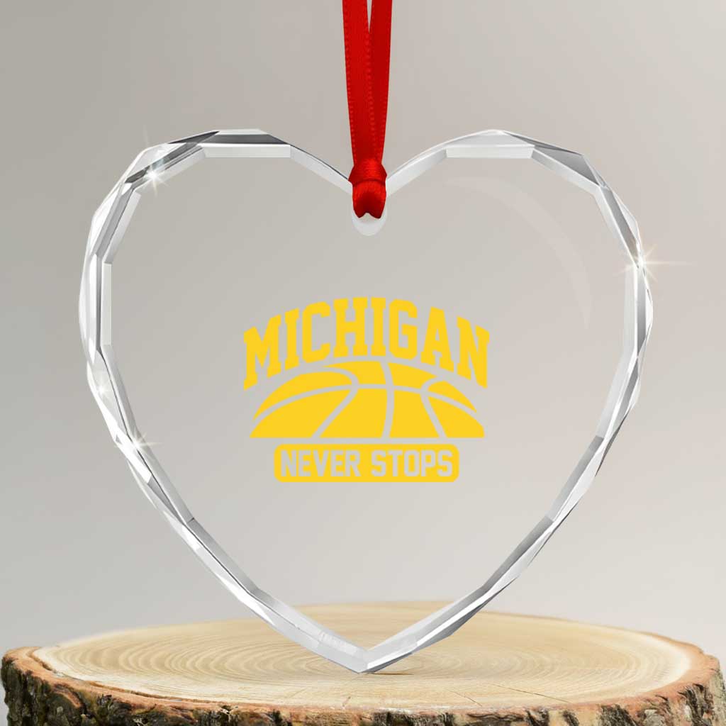 Michigan Never Stops Heart Crystal Glass Ornament Great Lakes State Basketball Pride Gift