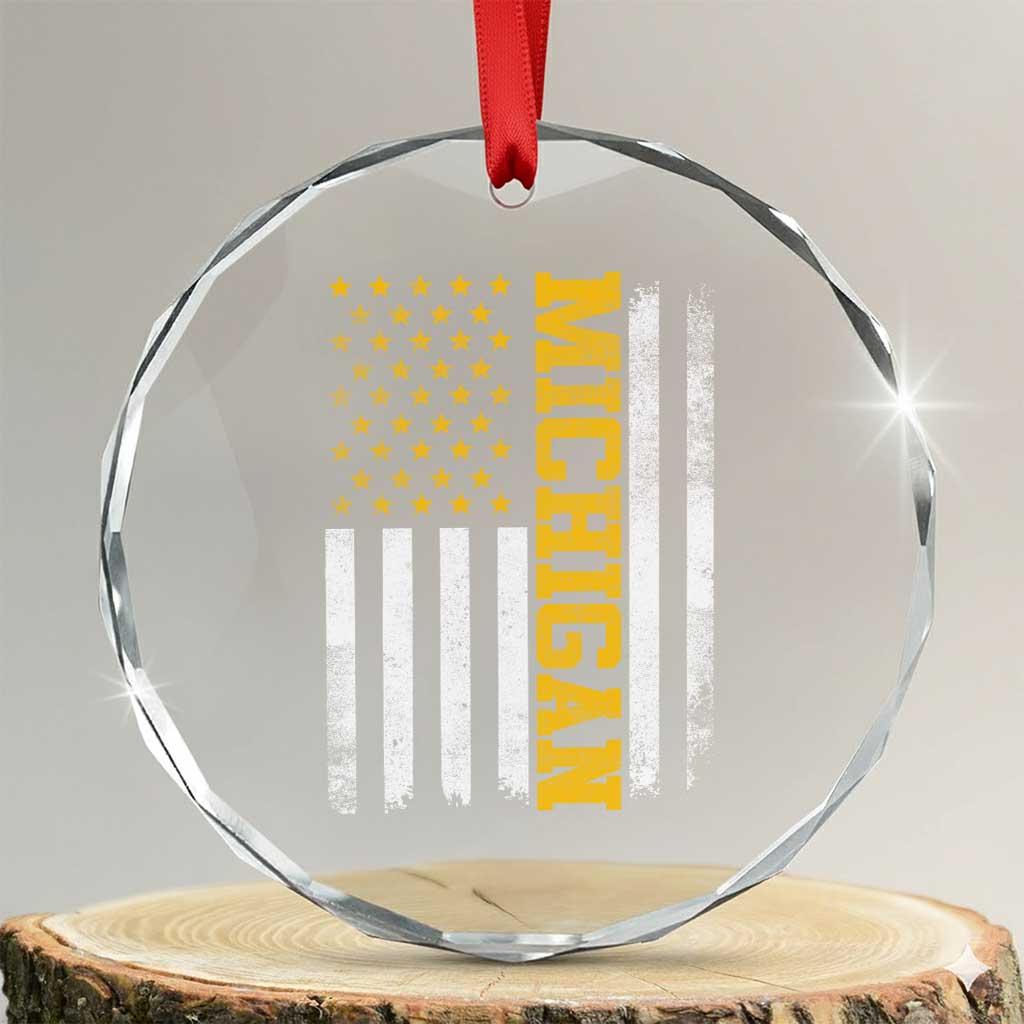 Michigan Pride Crystal Glass Ornament Vintage American Flag Distressed Varsity Aesthetic Letters MI State