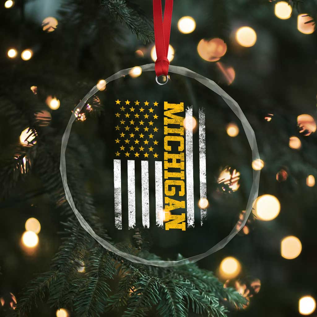 Michigan Pride Crystal Glass Ornament Vintage American Flag Distressed Varsity Aesthetic Letters MI State