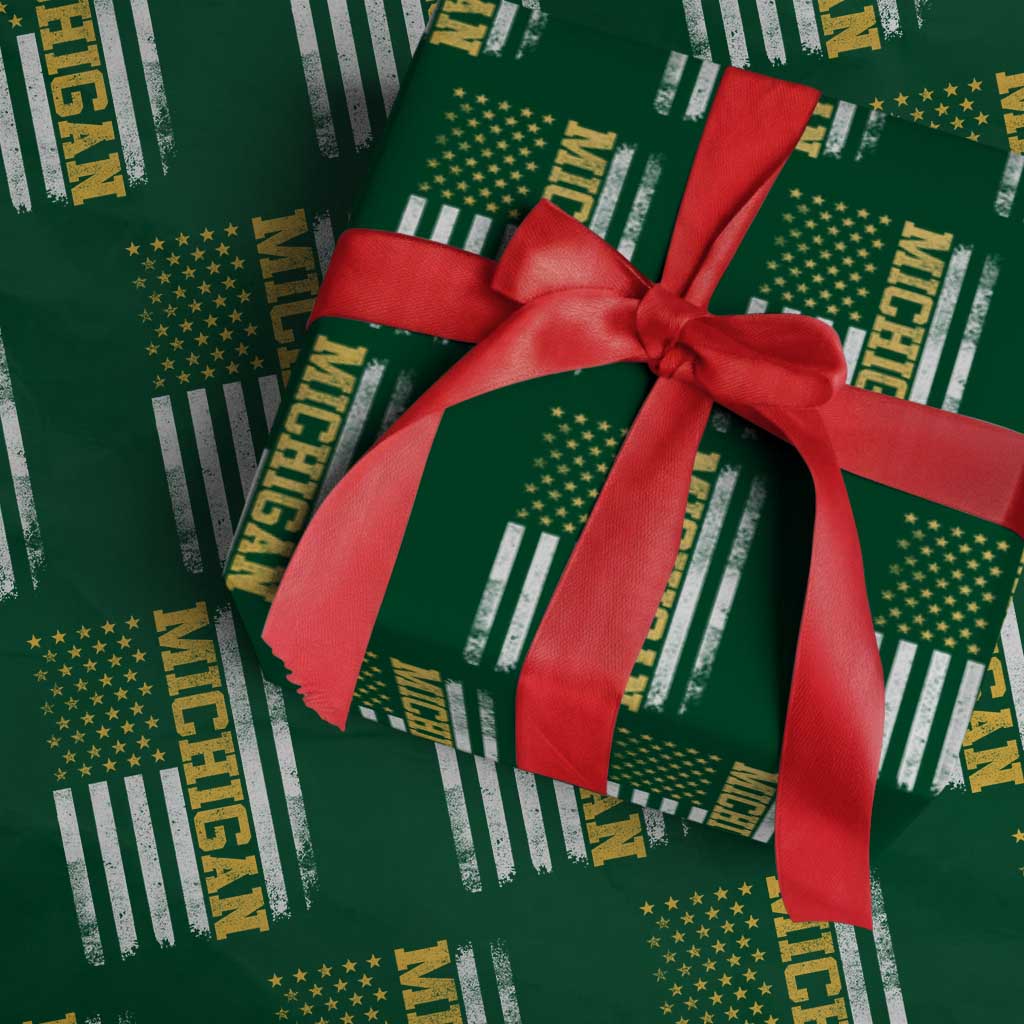 Michigan Pride Wrapping Paper Roll Vintage American Flag Distressed Varsity Aesthetic Letters MI State