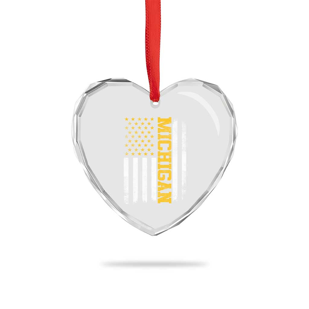 Michigan Pride Heart Crystal Glass Ornament Vintage American Flag Distressed Varsity Aesthetic Letters MI State