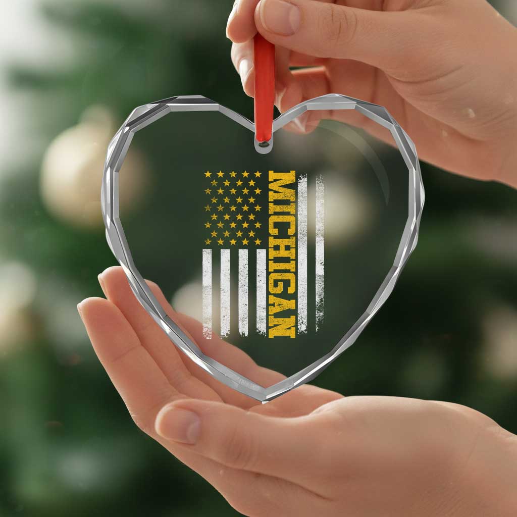Michigan Pride Heart Crystal Glass Ornament Vintage American Flag Distressed Varsity Aesthetic Letters MI State