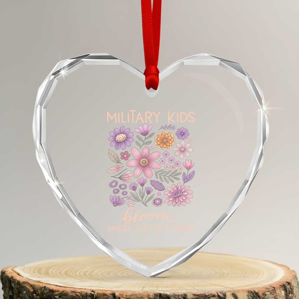 Military Kids Bloom Where They are Planted Heart Crystal Glass Ornament Purple Up Month of the Military Child Floral Empowerment