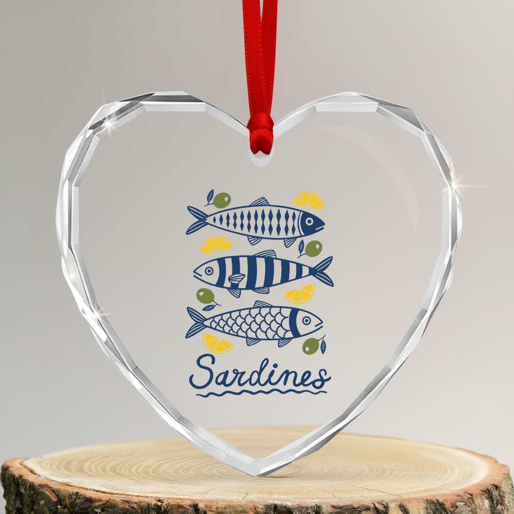Minimal Sardines Fishermen Aesthetic Retro Heart Crystal Glass Ornament