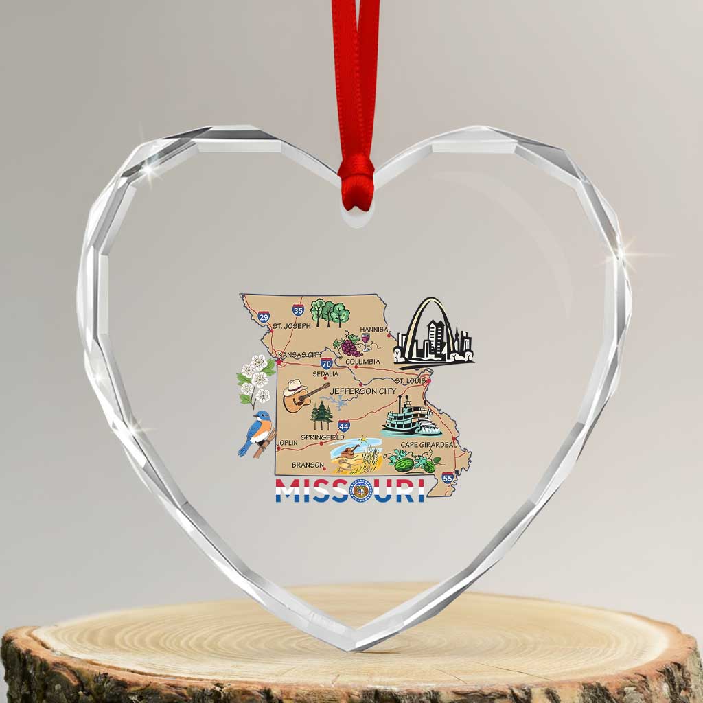 Missouri Map Landmarks Major Cities Roads Flag Heart Crystal Glass Ornament