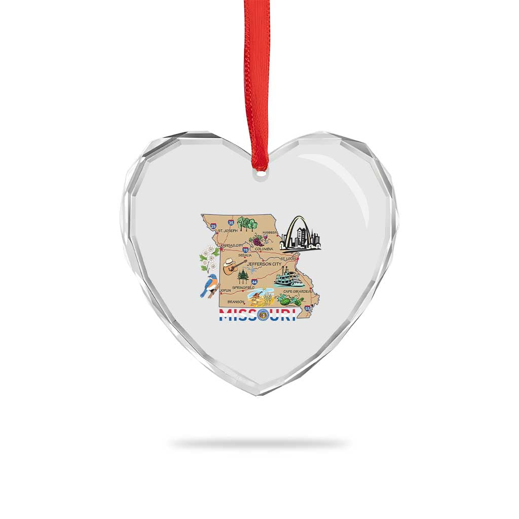 Missouri Map Landmarks Major Cities Roads Flag Heart Crystal Glass Ornament