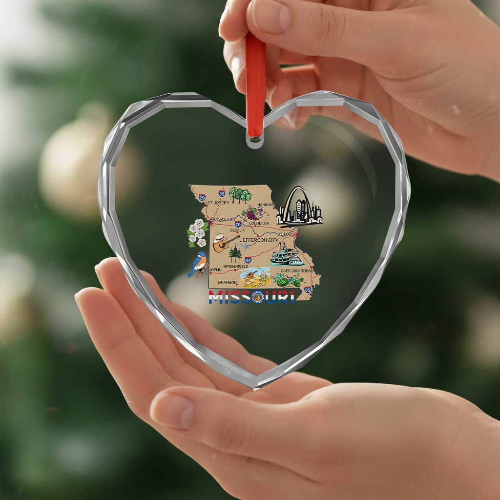 Missouri Map Landmarks Major Cities Roads Flag Heart Crystal Glass Ornament