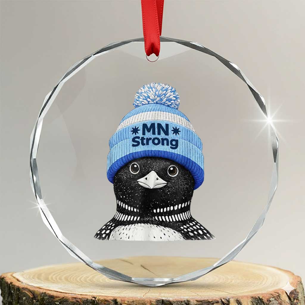 MN Strong Winter Loon with Blue Beanie Crystal Glass Ornament Stand with Minnesota Justice Protest