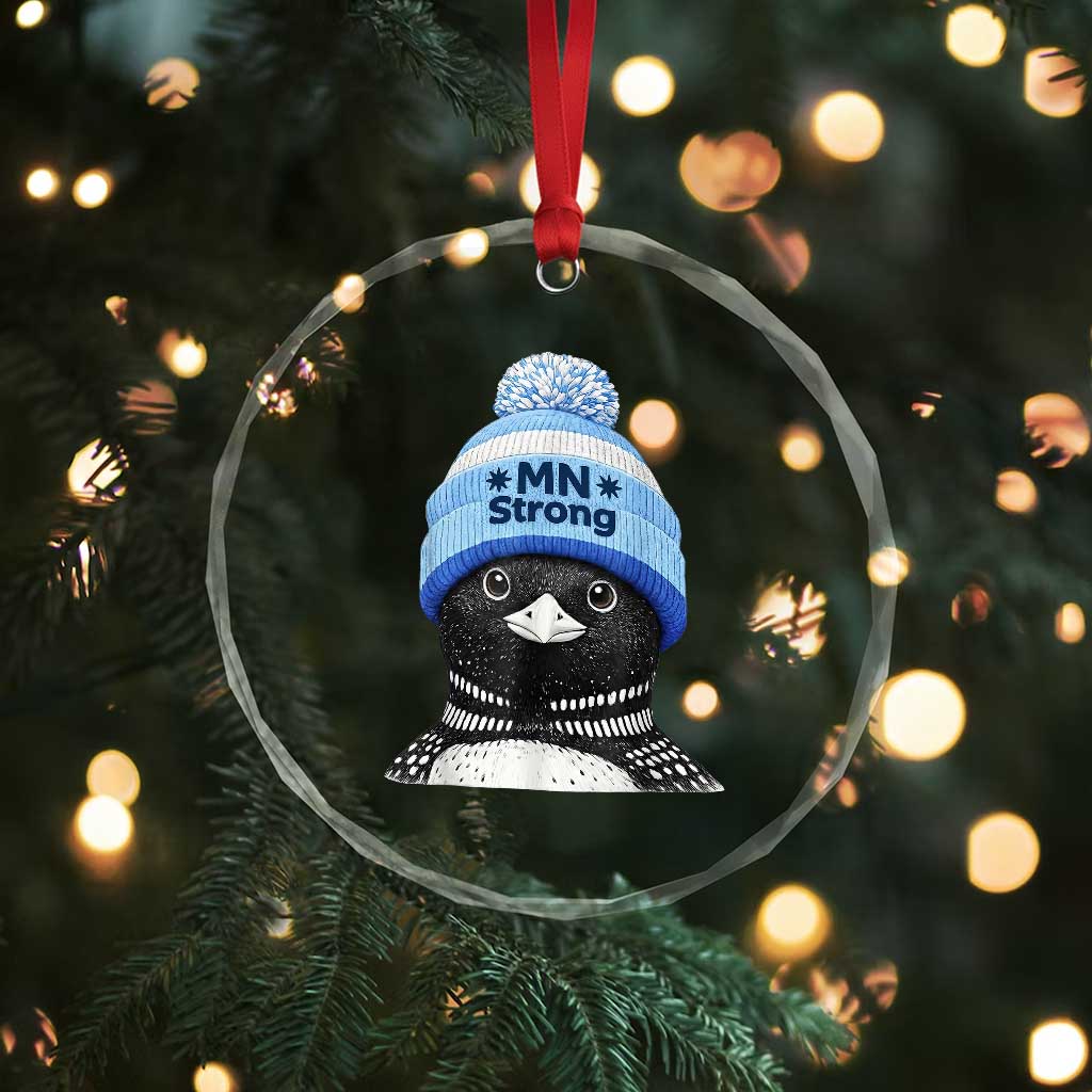 MN Strong Winter Loon with Blue Beanie Crystal Glass Ornament Stand with Minnesota Justice Protest