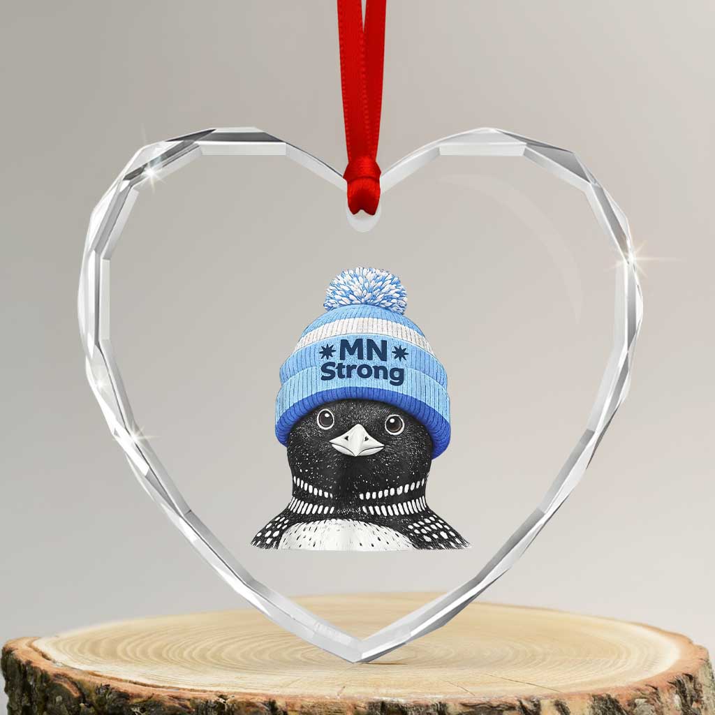 MN Strong Winter Loon with Blue Beanie Heart Crystal Glass Ornament Stand with Minnesota Justice Protest