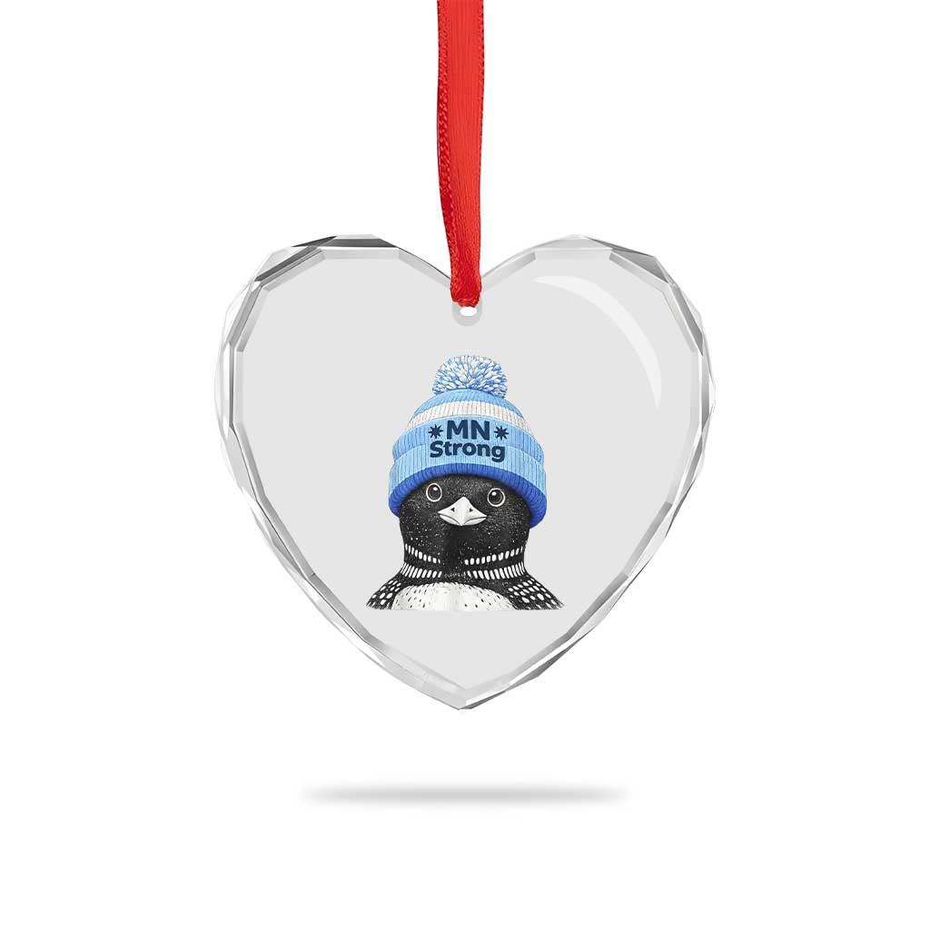MN Strong Winter Loon with Blue Beanie Heart Crystal Glass Ornament Stand with Minnesota Justice Protest