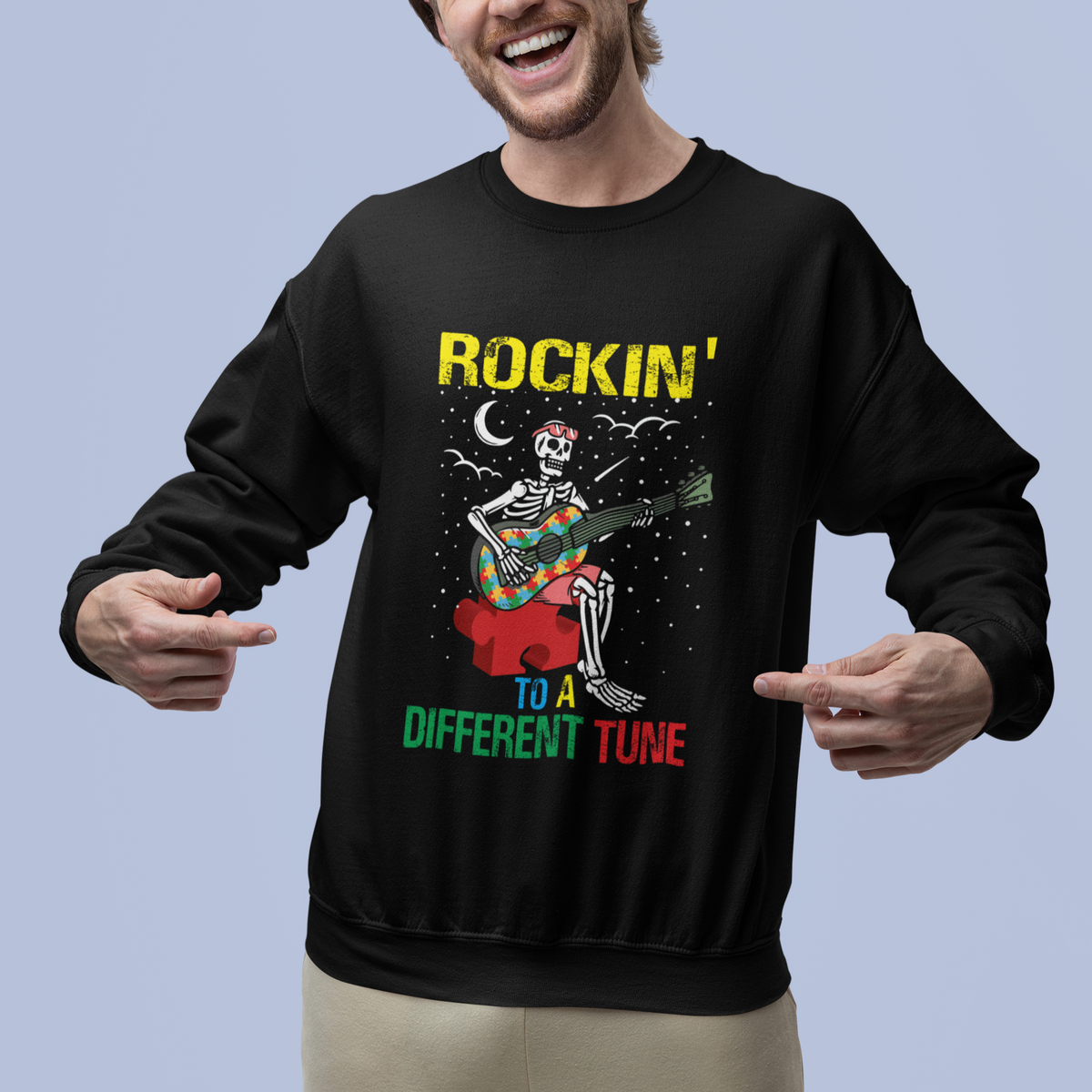 Autism Awareness Sweatshirt Rockin' To A Different Tune Skeleton - Wonder Print Shop