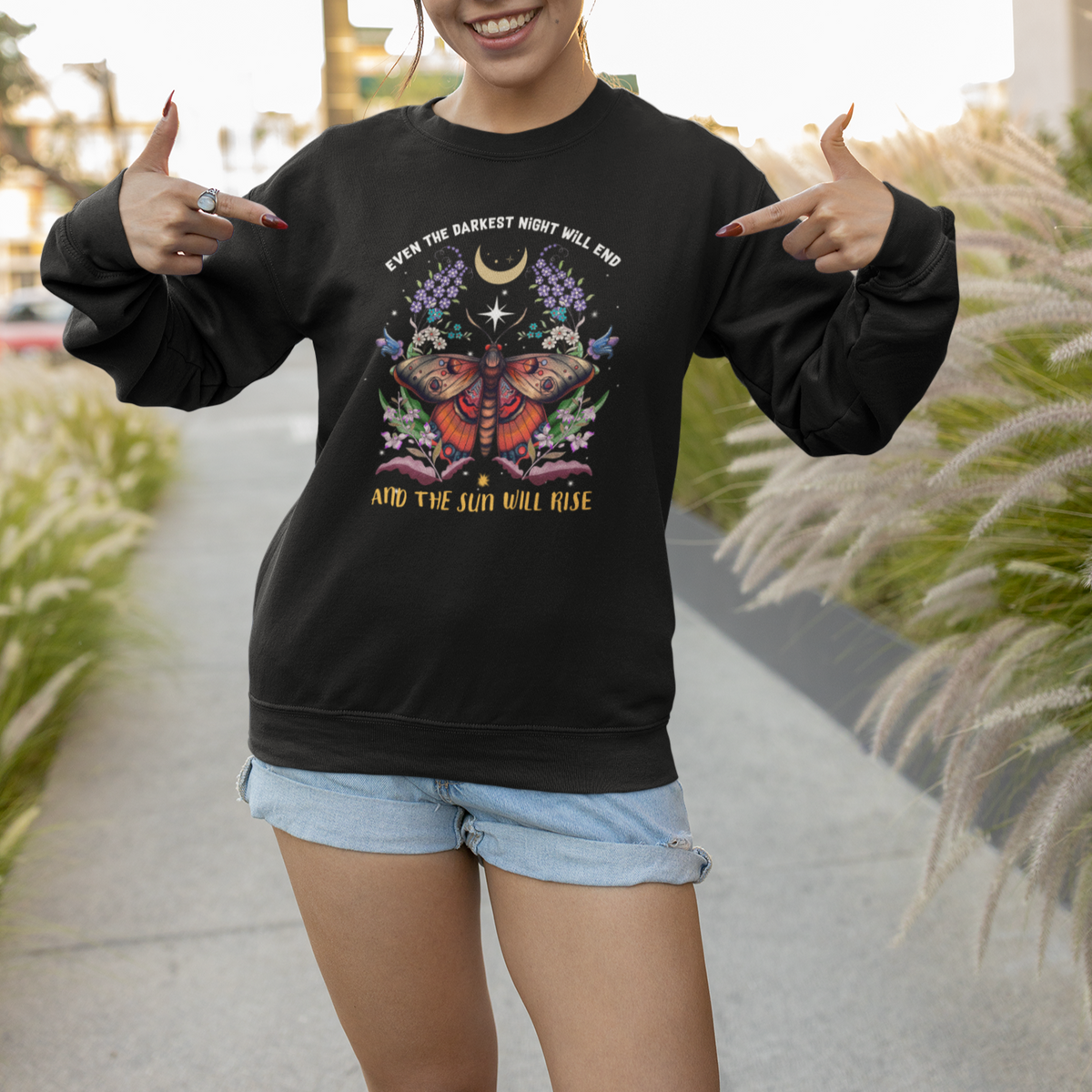 Moth Sweatshirt Celestial Cecropia Moth Even The Darkest Night Will End The Sun Will Rise Inspirational Dark Academia Cottagecore Fairy Floral Moth Shirt for Women, Moth T-shirt, Spirituality Shirt - Wonder Print Shop