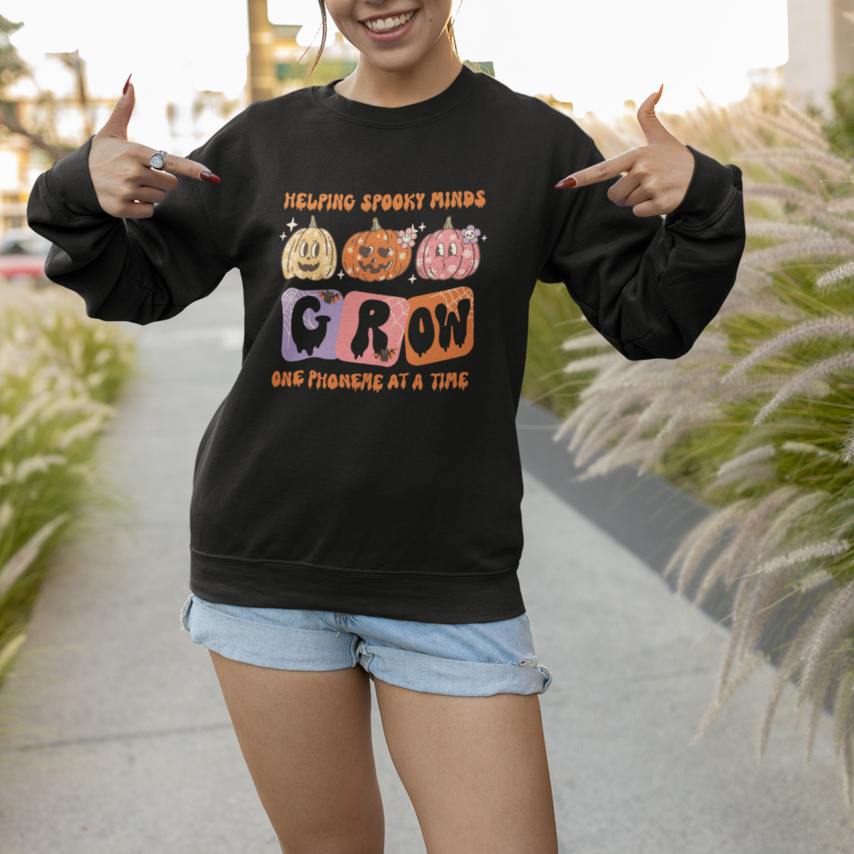 Halloween Reading Sweatshirt Helping Spooky Minds Grow One Phoneme Dyslexia Pumpkin - Wonder Print Shop