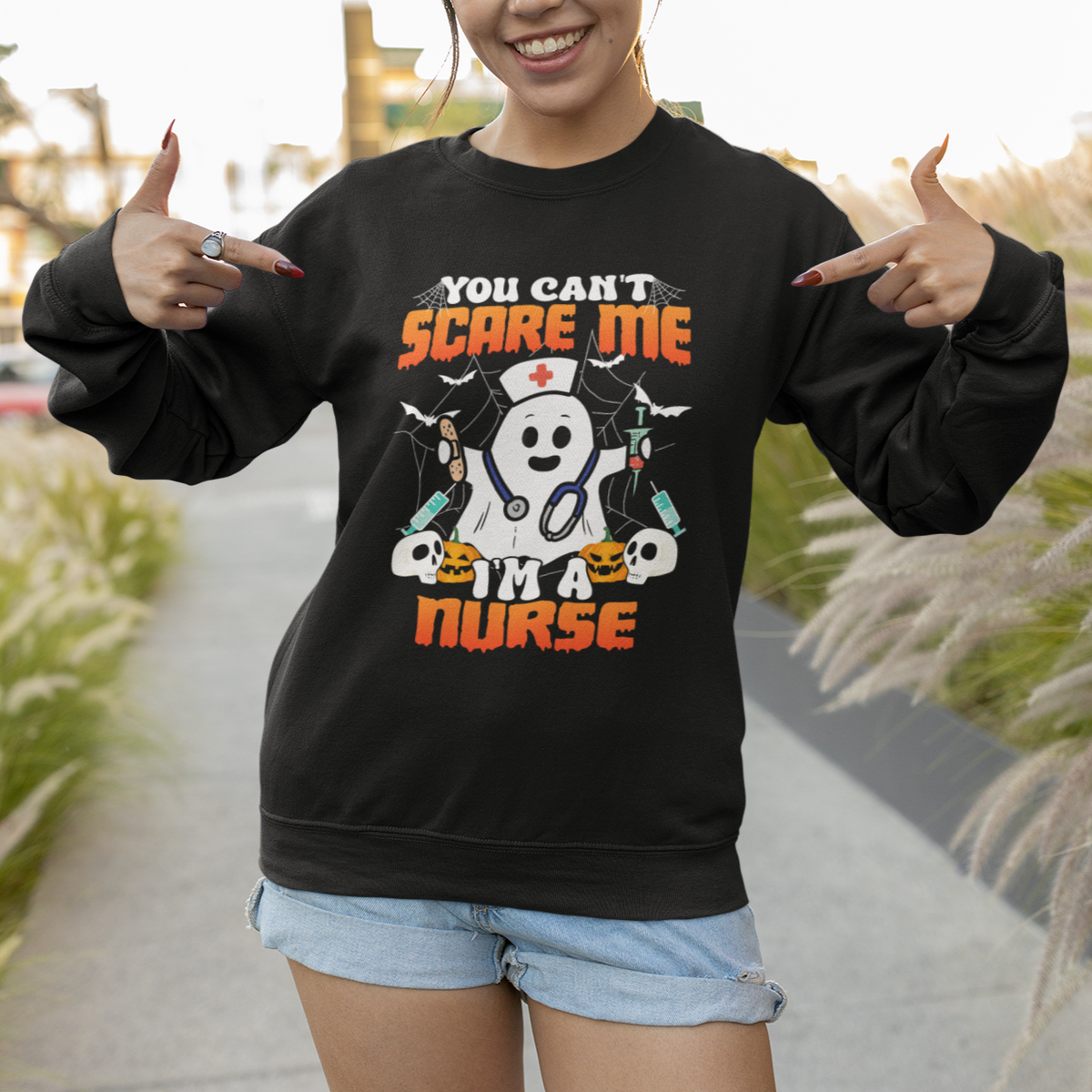 Halloween Nurse Sweatshirt You Can't Scare Me I'm A Nurse RN Boo Sheet Ghost - Wonder Print Shop