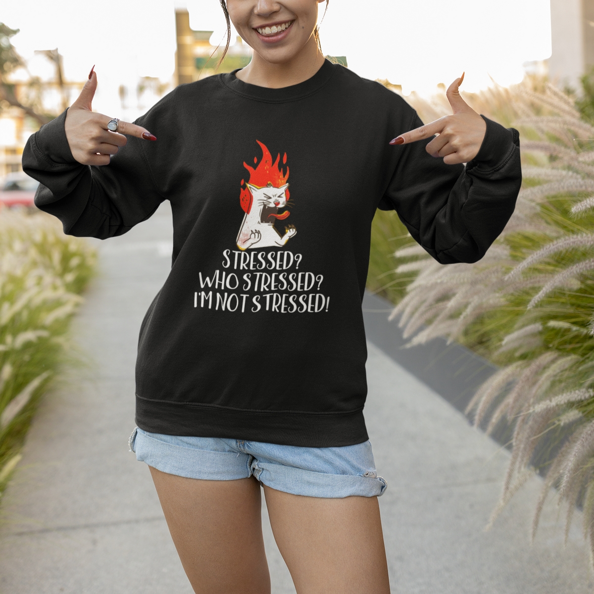 Stressed Who's Stressed? I'm Not Stressed Funny Angry Cat Sweatshirt - Wonder Print Shop
