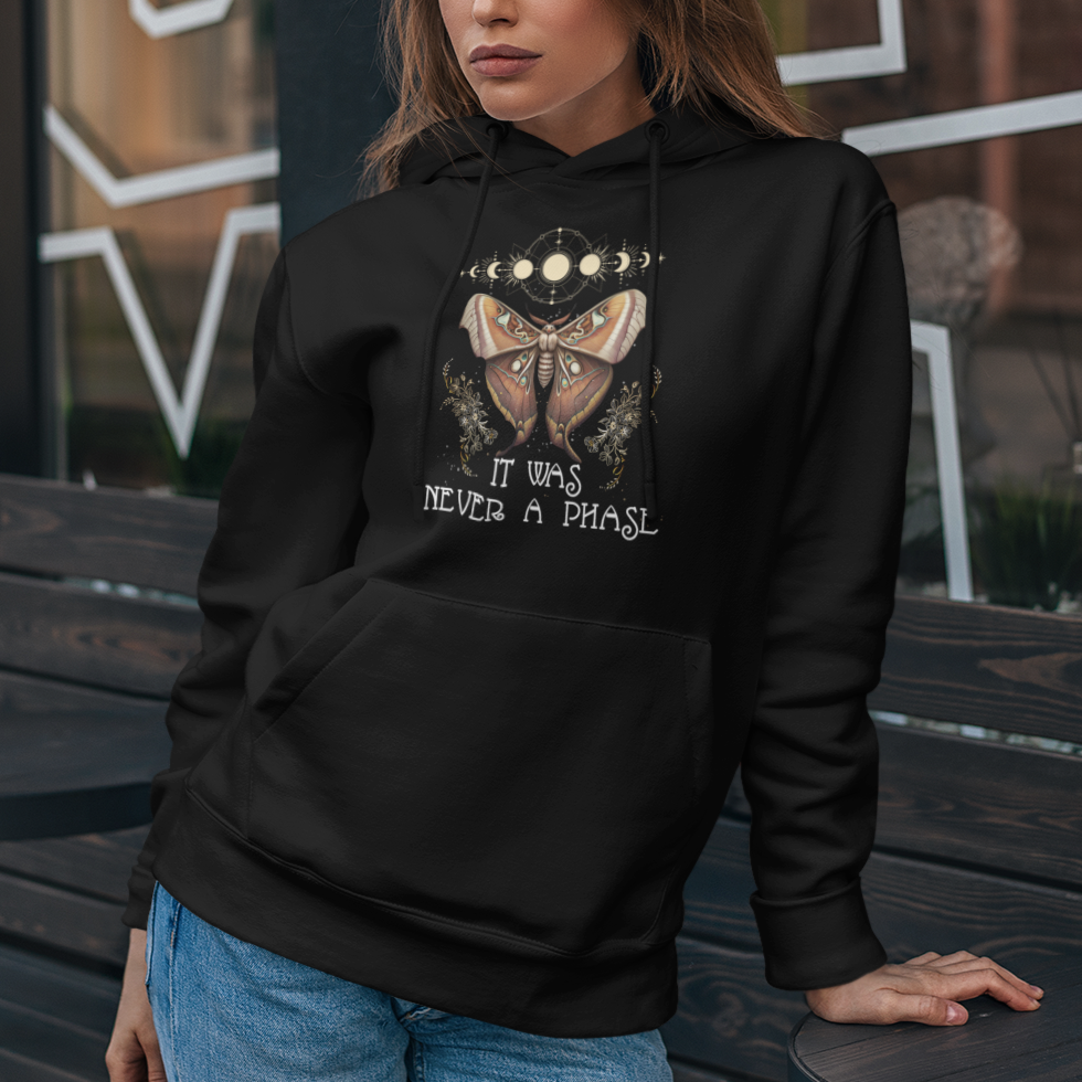 Moth Hoodie Celestial It Was Never A Phase Cecropia Moth Mandala Mystic Moon Phases Wild Heart Retro Vintage Alchemy Dark Academia Cottagecore Shirt for Women, Moth T-shirt, Moth Lover Gift, Insect Lover Shirt, Spirituality Shirt - Wonder Print Shop