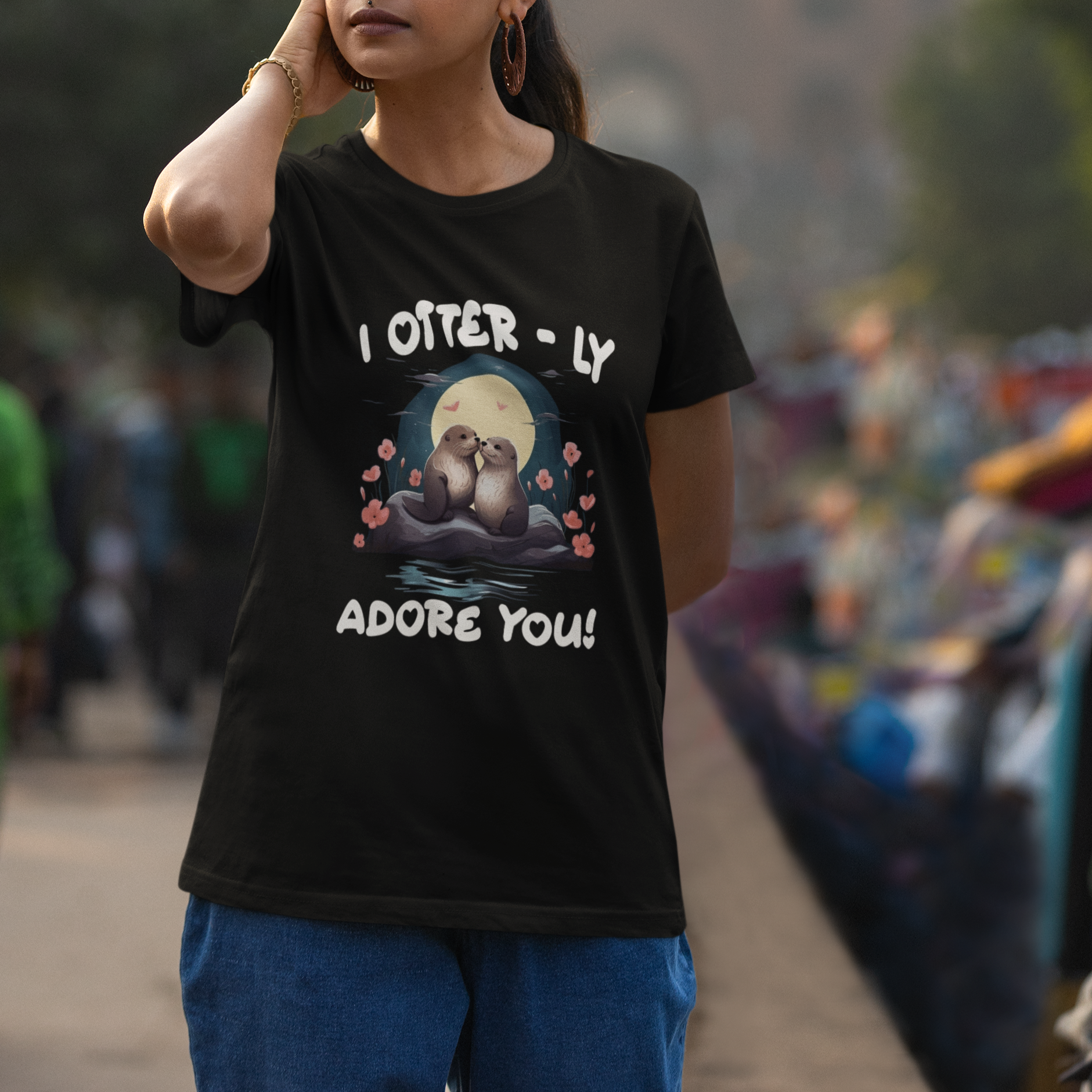 Valentine's Day T Shirt I Otterly Adore You Cute Otter Holding Hand Kisses - Wonder Print Shop